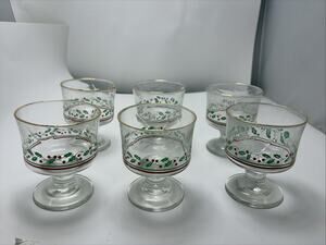 6 Vintage Arby's Libbey Sherbet Glasses Holly Berry Christmas Glass Gold Trim